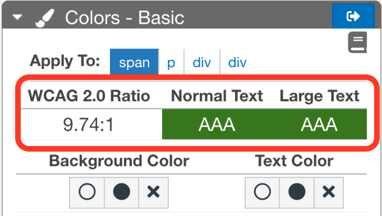 The Colors - Basic panel shows that the text passes color contrast at the AAA level.