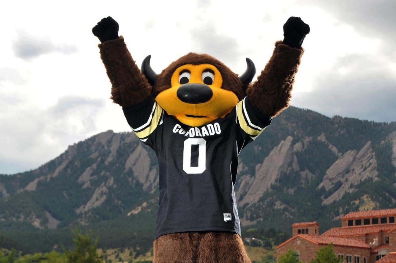 Chip the mascot celebrating with his hands in the air