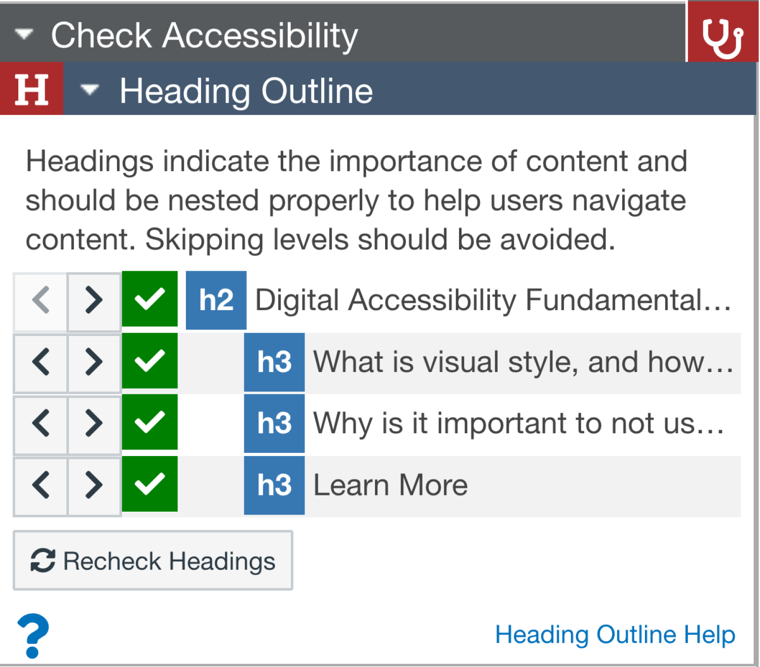 Heading Outline panel, showing headings at level h2 and h3. Users can adjust the heading levels up or down.