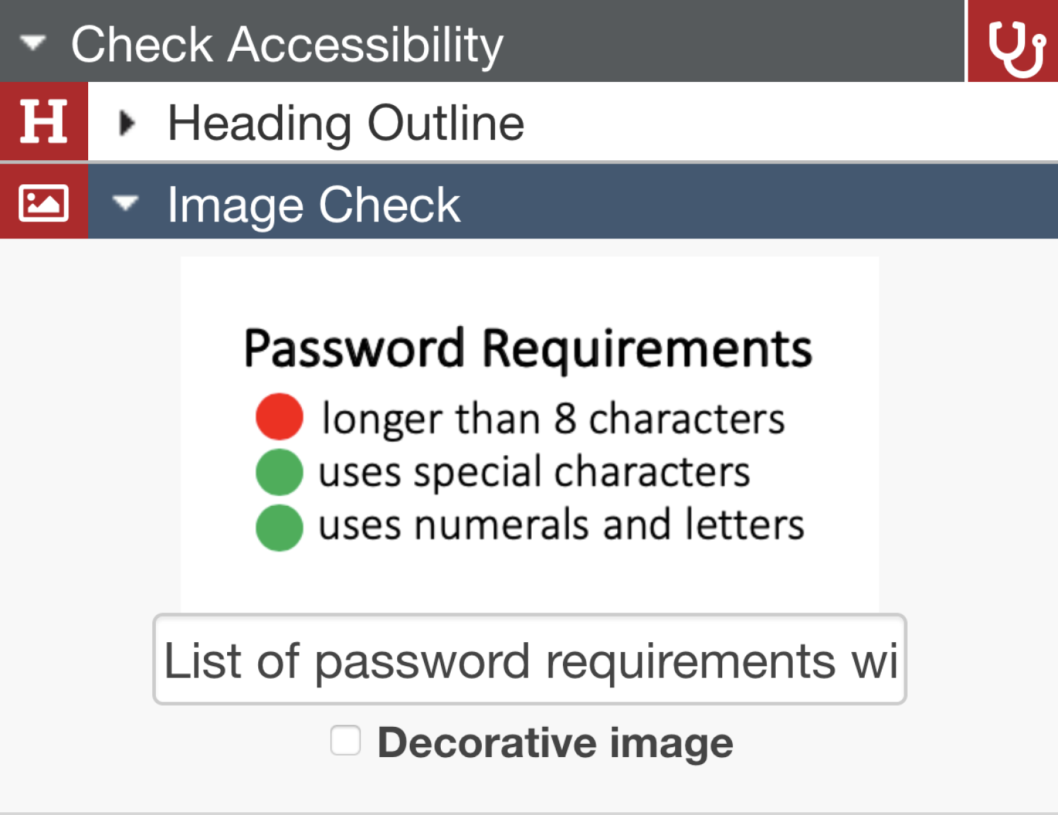 Image Check panel showing an image, its alt text, and a "Decorative image" checkbox