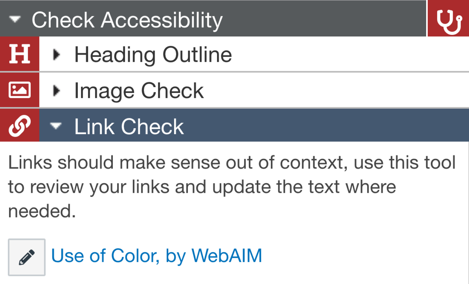 Link Check panel, showing the text of the links on the page out of context