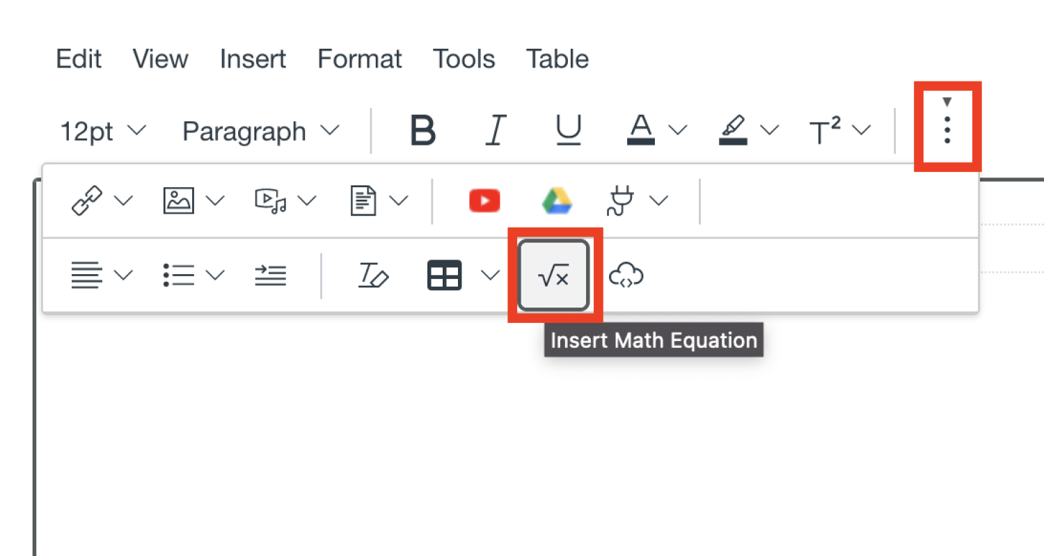 the "Insert Math Equation" button can be activated in the Rich Content Editor toolbar by selecting the "More..." button.