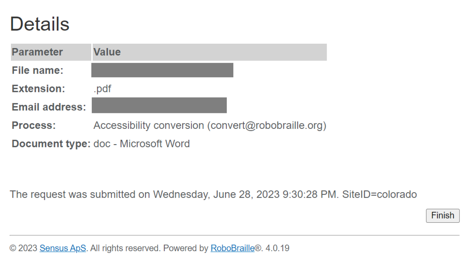 Step 6, Receipt, showing information about the submitted request.