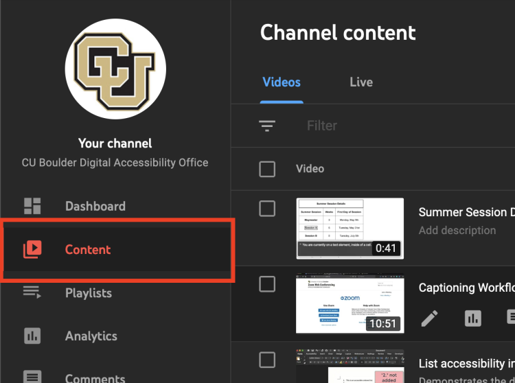 The Content page is selected in YouTube Studio's navigation bar