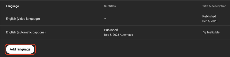 The Add Language button at the bottom of the subtitles page