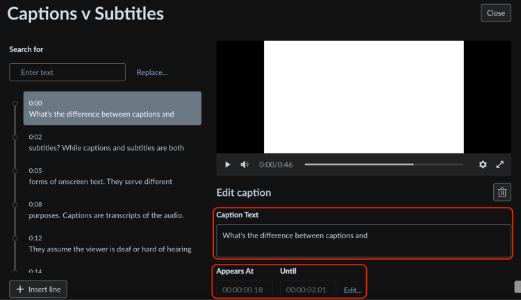 Screenshot of the Canvas Studio caption editor. The editor includes the caption blocks, a media player, a text field to edit captions, and a section to adjust caption timing.