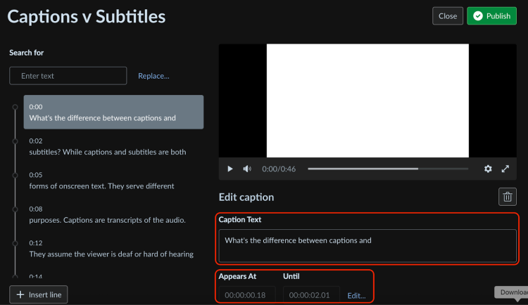 Screenshot of the Canvas Studio caption editor. The editor includes the caption blocks, a media player, a text field to edit captions, and a section to adjust caption timing.