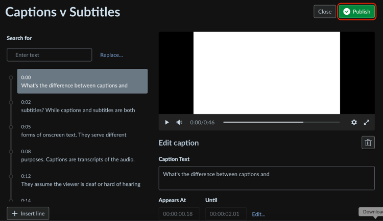 The Publish button highlighted in the caption editor.