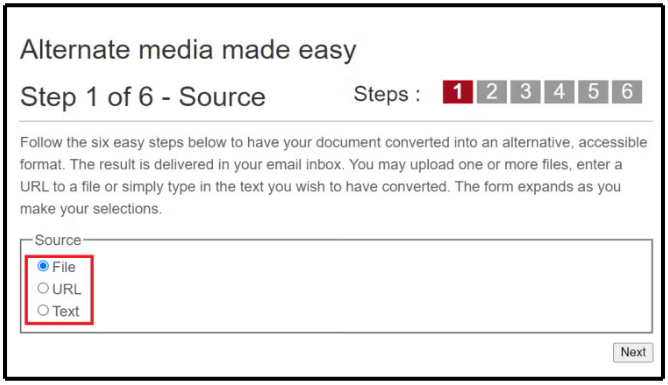 Step 1 Source, highlighting the file, URL, and text options.