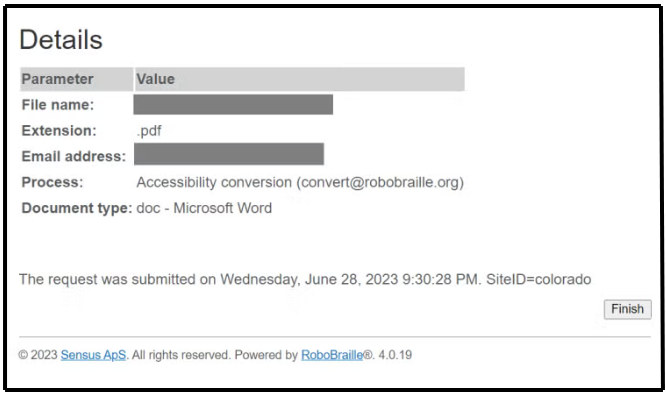 Step 6, Receipt, showing information about the submitted request.