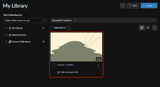 Screenshot of the Canvas Studio library in grid view. A video in the library is highlighted.