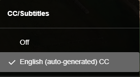 Closed captions and subtitles menu with the English (auto-generated) CC option highlighted.