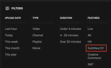 The "Subtitles/CC" option is highlighted in the Features column.