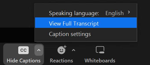 The captions menu is expanded and the view full transcript option is highlighted.