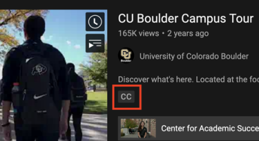 The CC icon is highlighted under the video name and description in the search results.