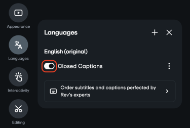Languages menu with the closed caption file toggled on.