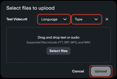 Red boxes outline the language section, type section, and upload button to highlight their locations.
