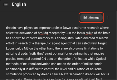 A button labeled Edit timings and below it, a Captions box with a long section of text added
