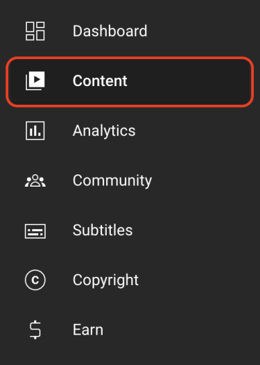 Link to Content page is outlined in red to indicate its location in YouTube Studio's navigation bar.