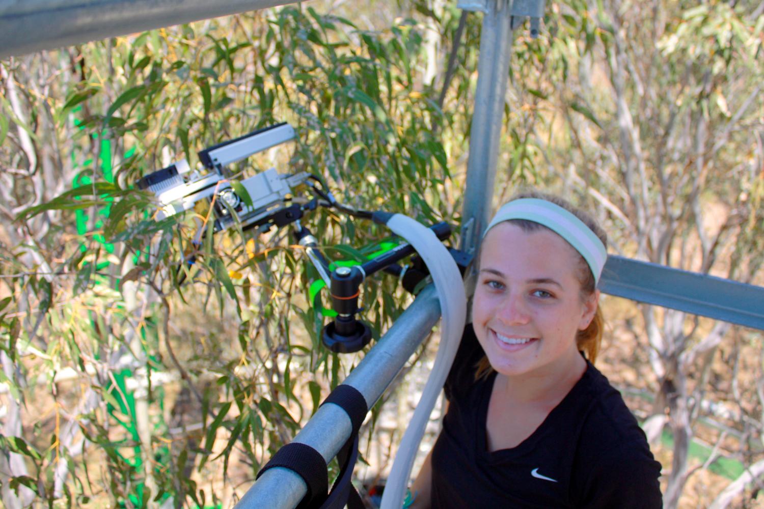 Kayla measuring and sampling plants from an observatory tower