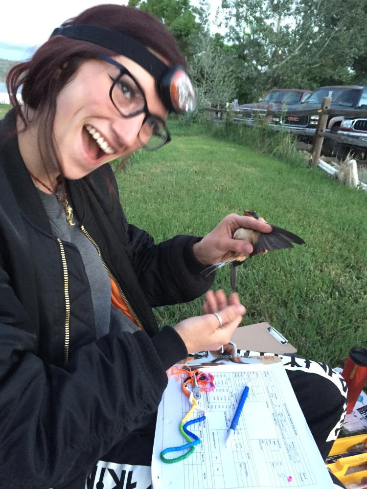 McCahill poses with a barn swallow.