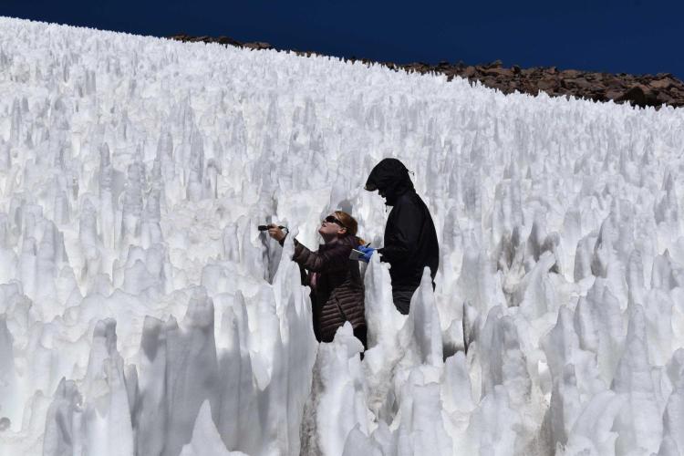 Solon and Steckel venture into a giant, frozen maze of icy, stalagmite-like spikes called penitentes. Credit: Amanda Steckel