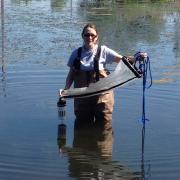 Elizabeth sampling in a pond, holding a large net