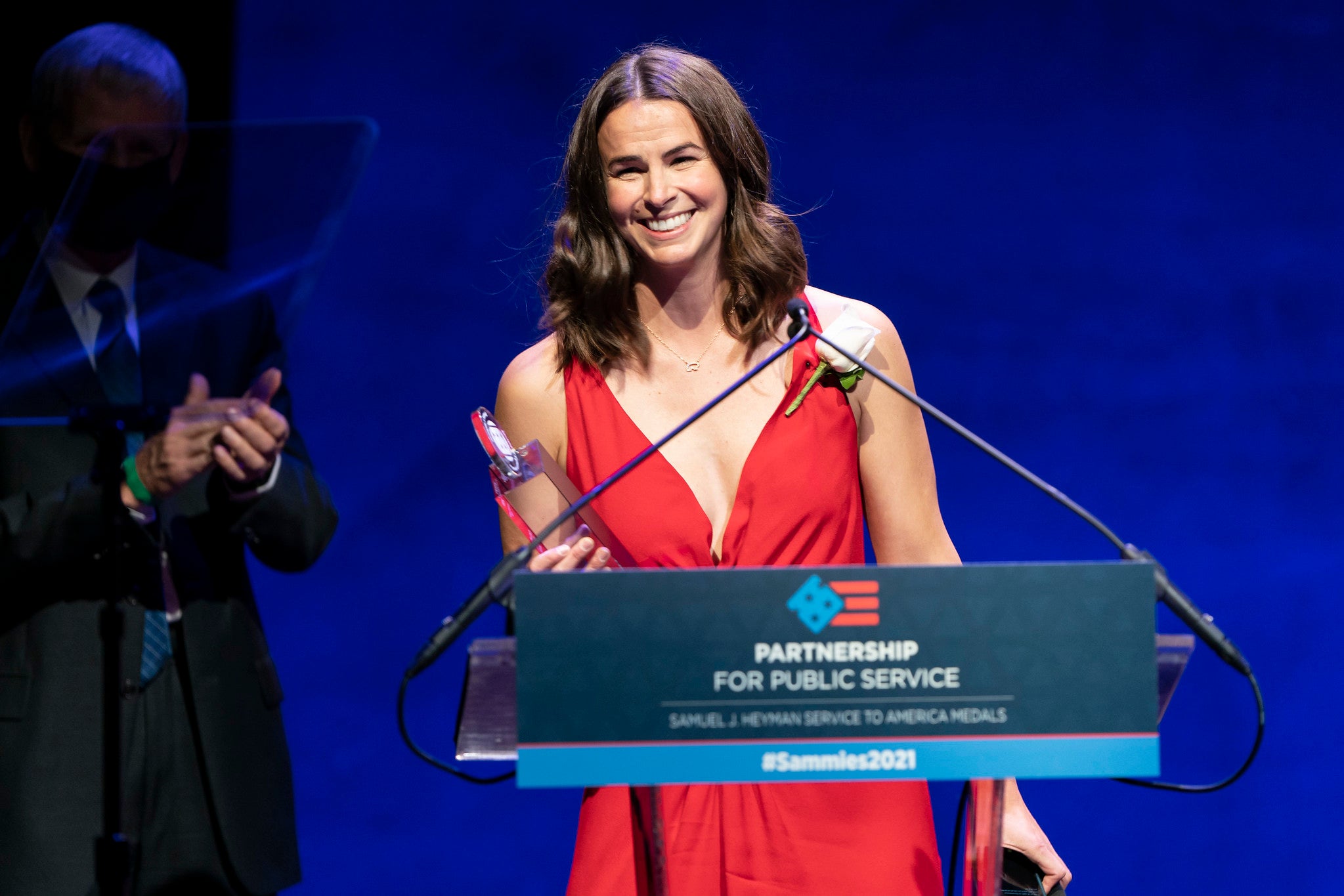 Higgins speaks after receiving her medal on stage at the Kennedy Center