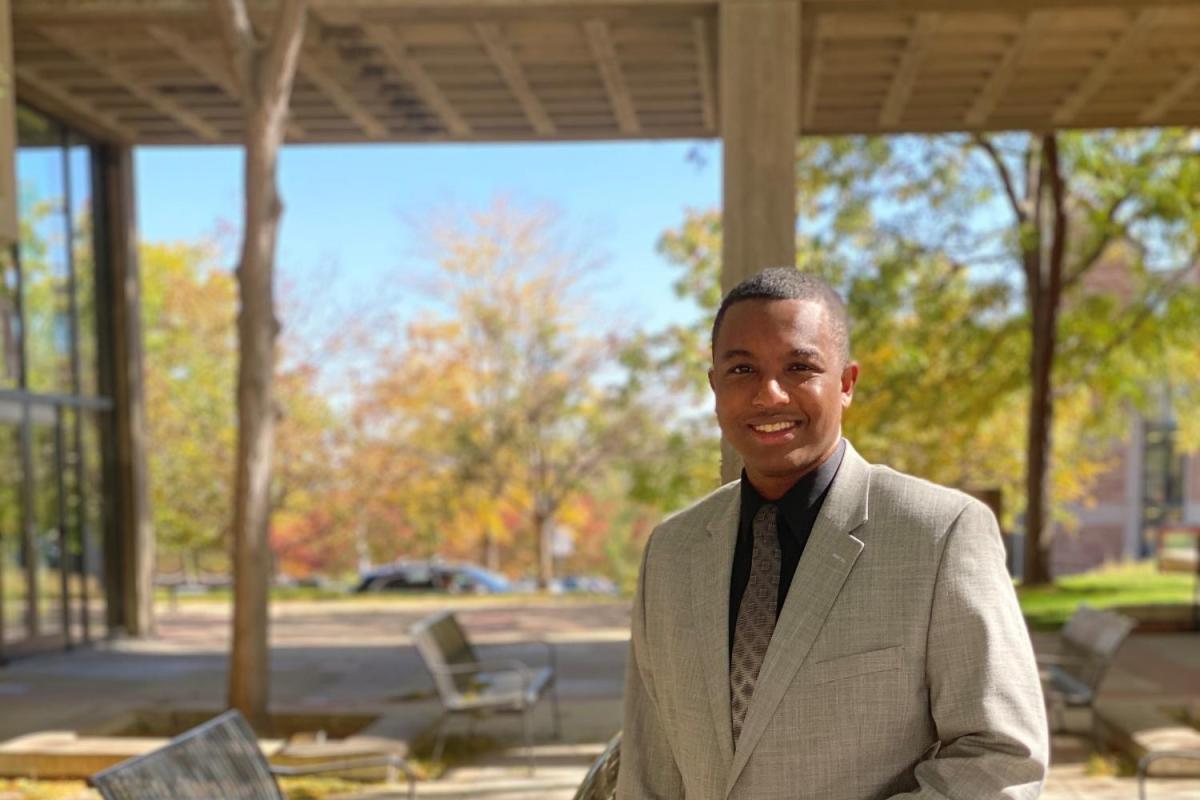 Xavion Cowans in the courtyard of the Engineering Center