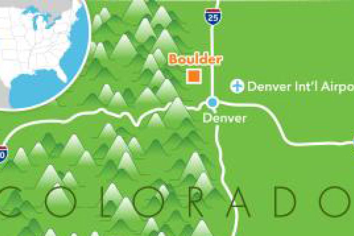 A map showing where Boulder is situated in Colorado and the U.S.