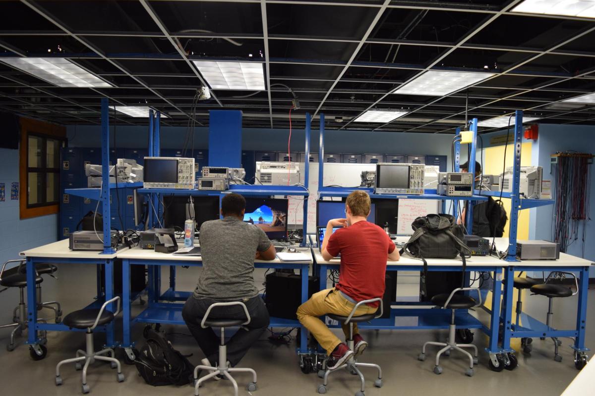 Students working in the renovated circuits lab.