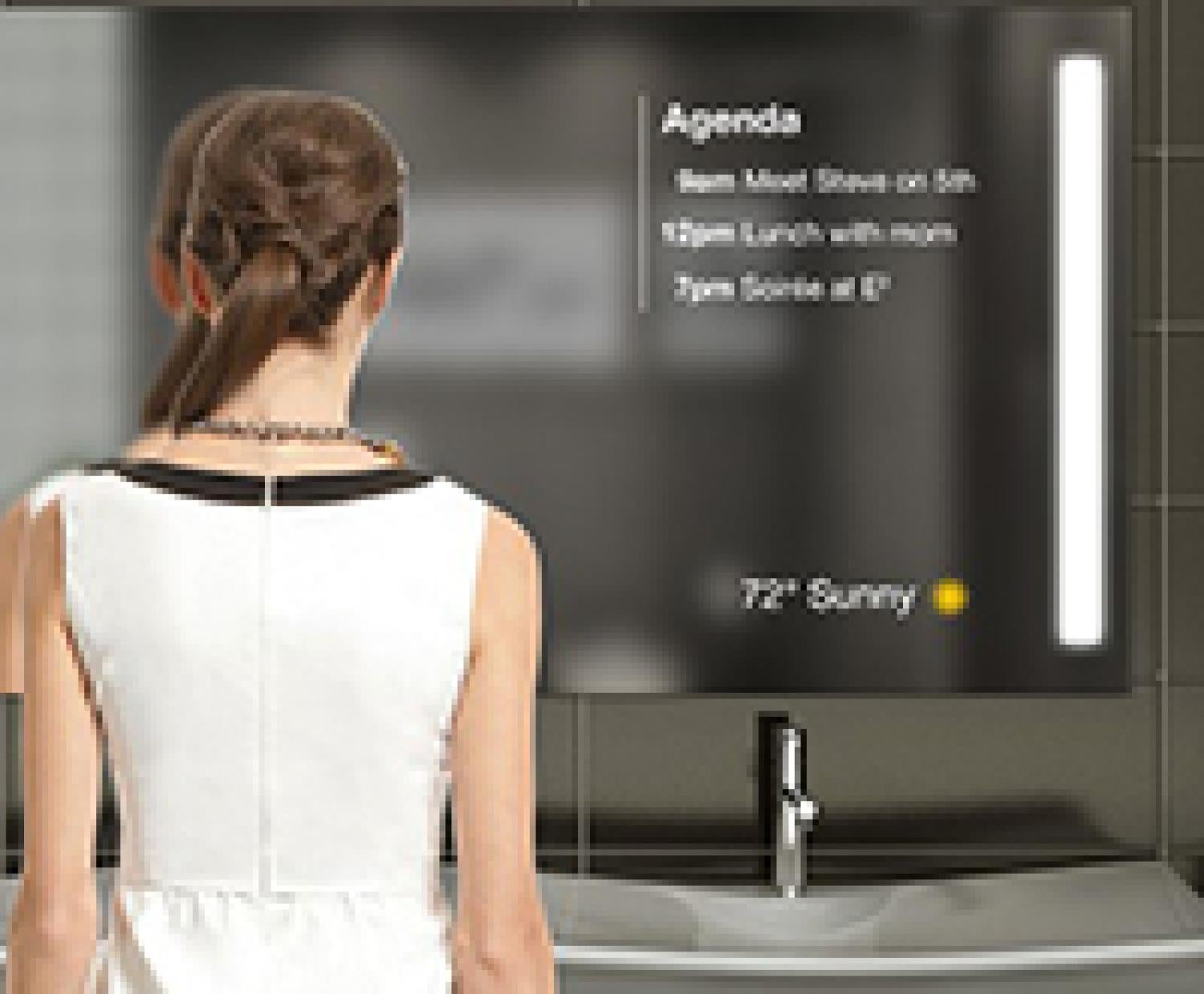 An illustration showing a woman standing in front of a mirror displaying her agenda for the day