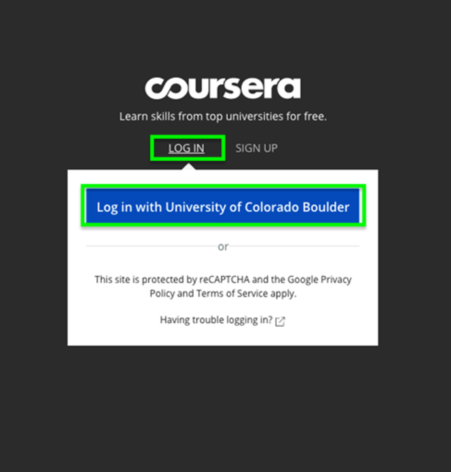 Screenshot of Coursera's login page - update