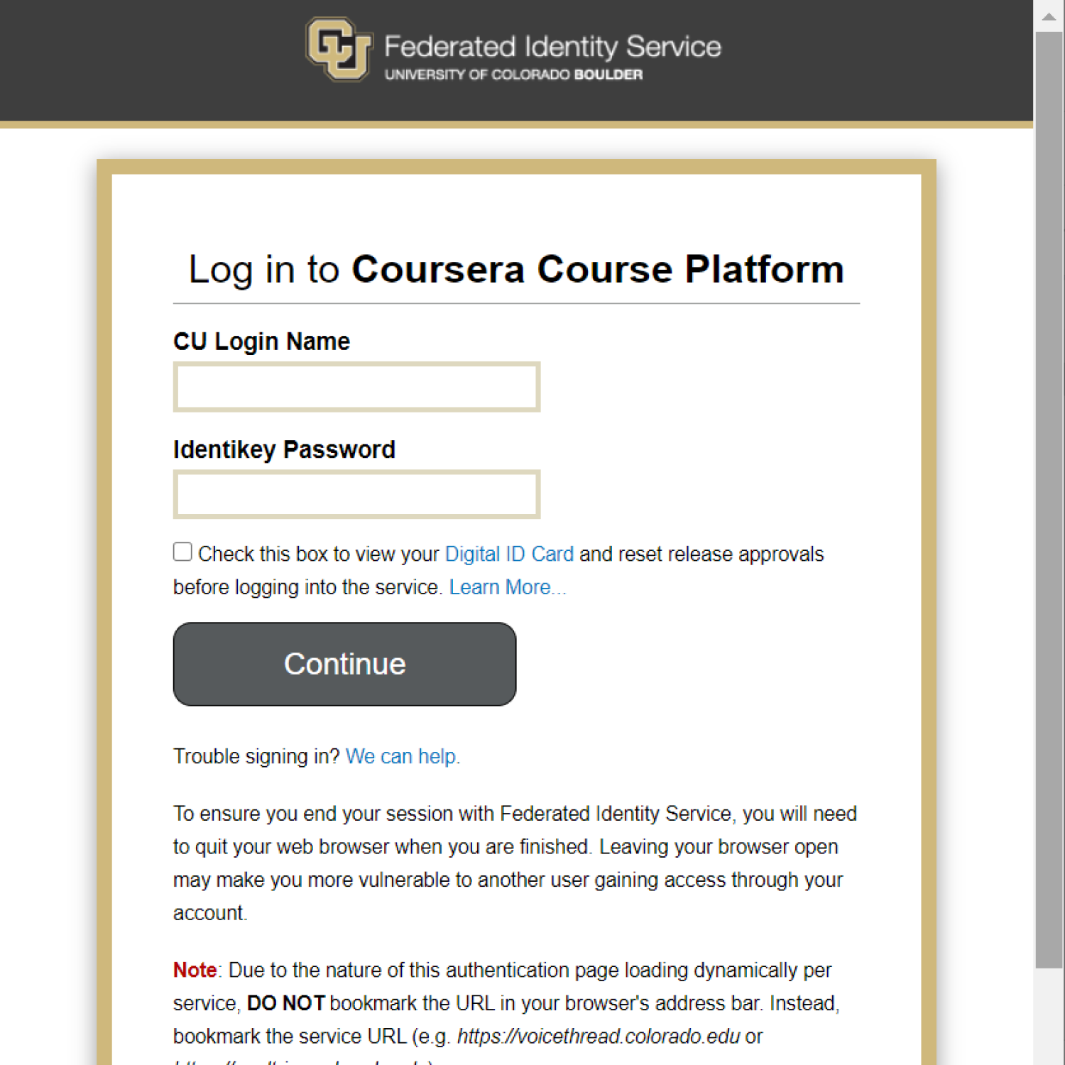 Screenshot of a login page where students need to log in with their CU identikey and password