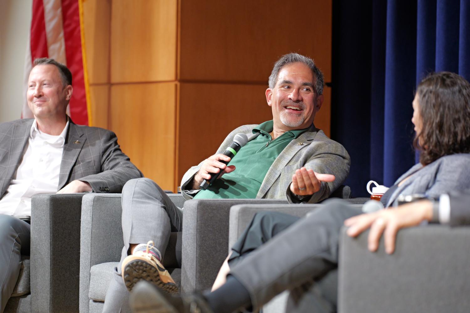 chancellor Justin Justin Schwartz, Vice Chancellor for Sustainability Andrew Mayock and Sustainability Research Initiative Executive Director Jane Zelikova