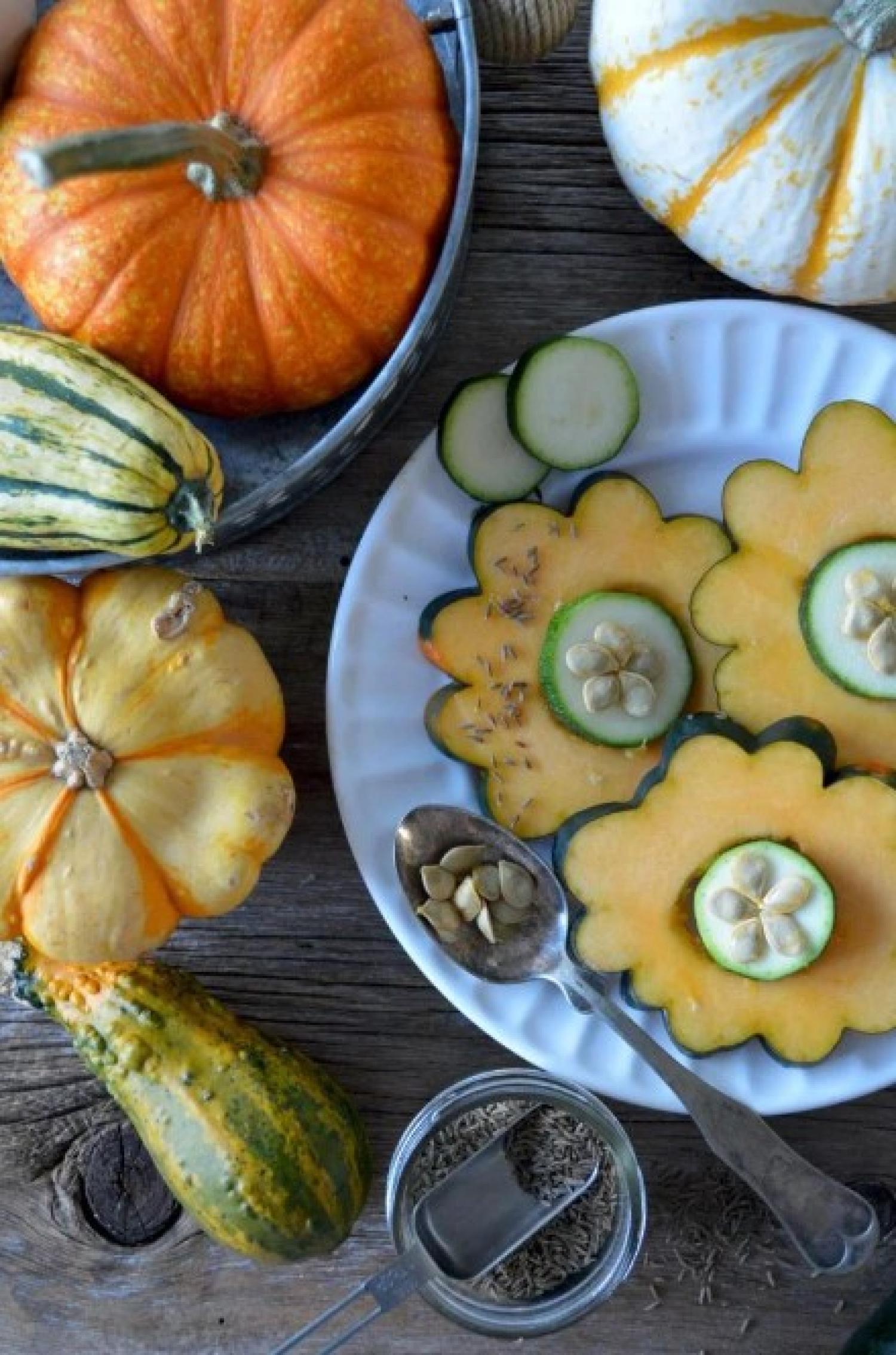 pumpkins and squash on a table