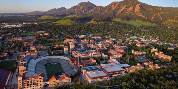 An aerial image of the CU Boulder campus