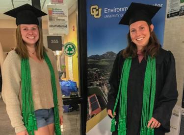 CU students posing in graduation attire and green cords
