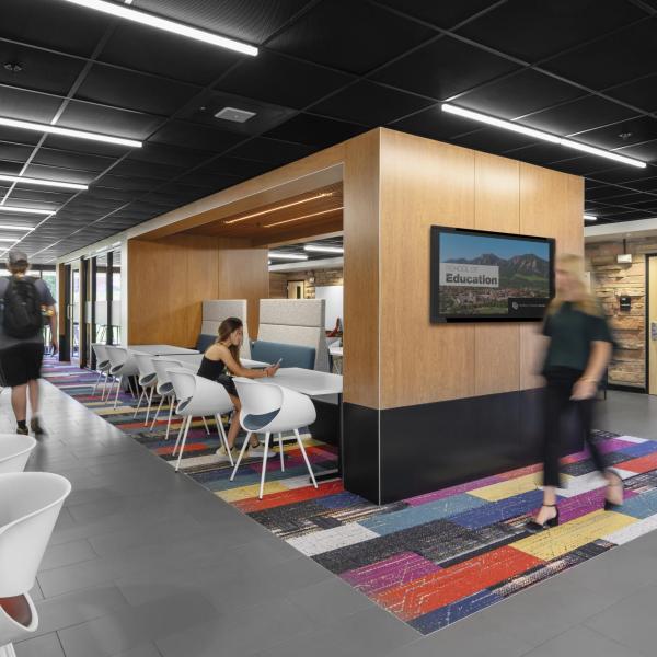 The first floor lobby of the Fleming building with flexible space for collaboration