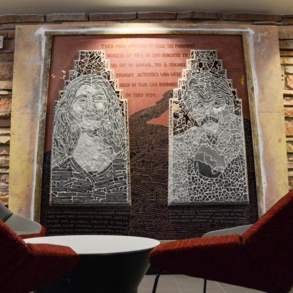 These murals by Jasmine Baetz recognize four scholars and activists who have created opportunities for BIPOC students at CU Boulder. They are displayed in the first floor student lounge at the Fleming building.