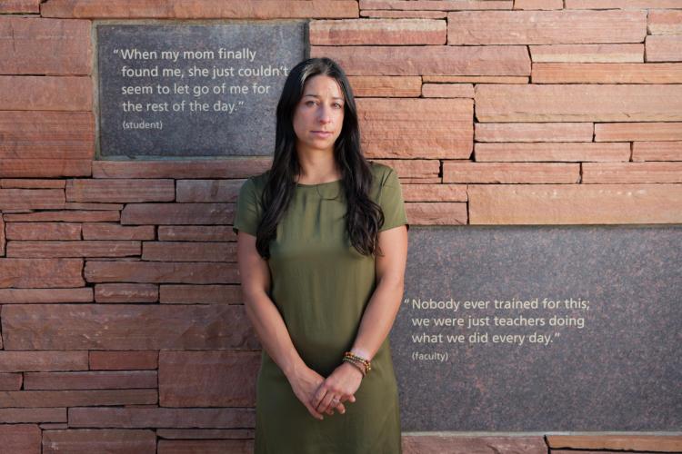 Deena Gumina at the Columbine Memorial next to Columbine High School in Littleton, Colorado.