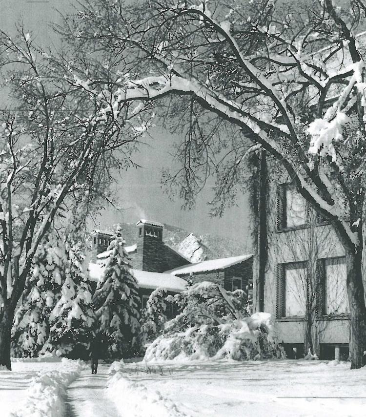 Historical winter scene of campus, 1957