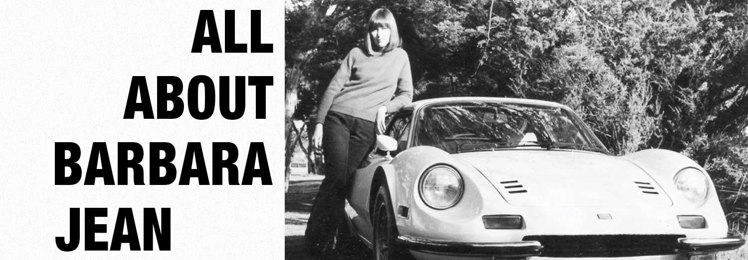 Black & White Photo of Barbara Jean standing next to her car. Title reads "All About Barbara Jean"