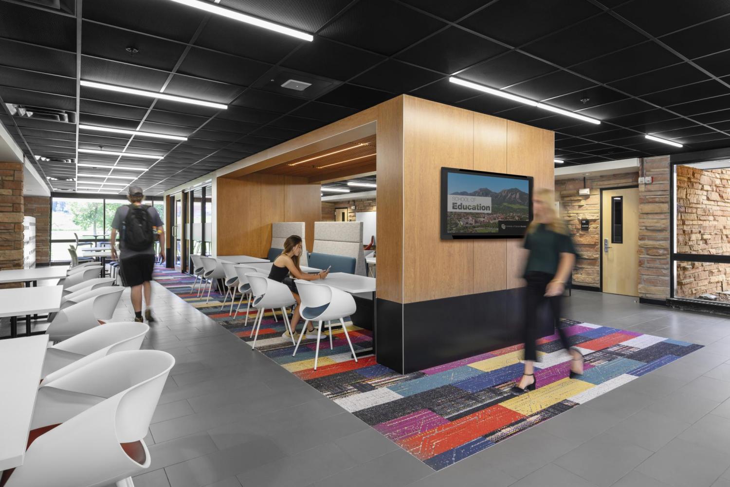 The first floor lobby of the Fleming building with flexible space for collaboration