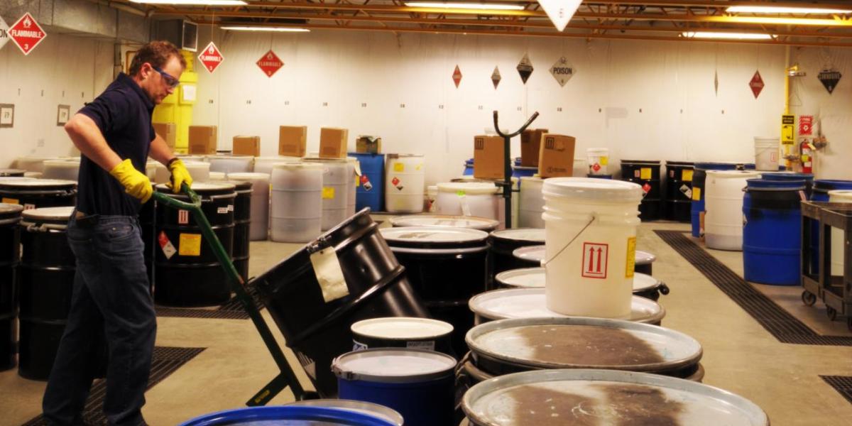 Man in a storage facility for hazardous materials