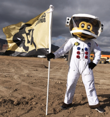 Mascot Chip poses for the camera at the Aerospace Engineering Science Building groundbreaking ceremony on the East Campus at the University of Colorado Boulder.
