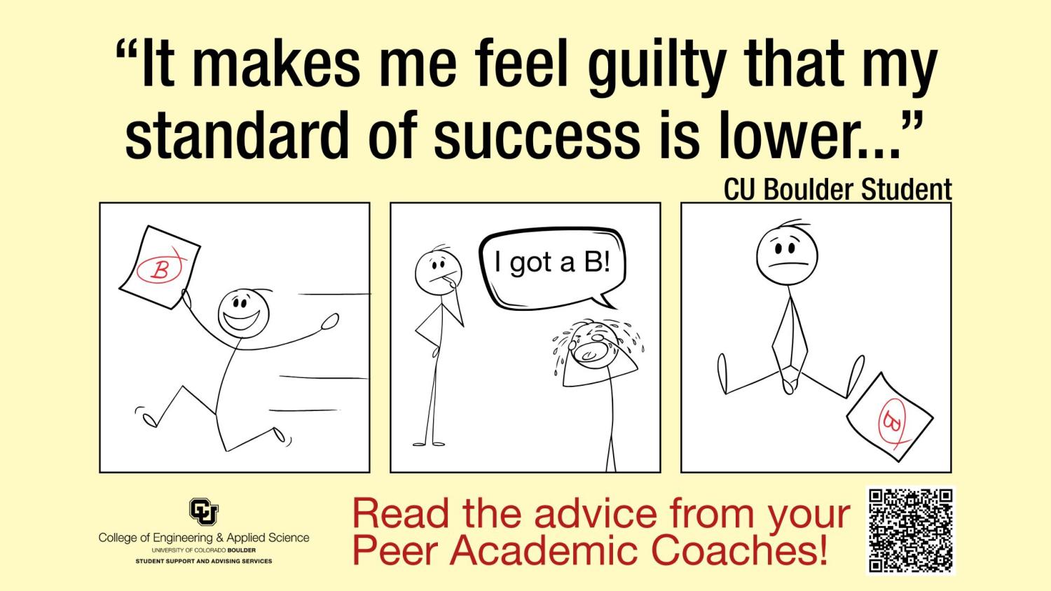 Cartoon strip of person being happy about a B grade, then hearing someone else upset because they received a B, and the person alone again looking sad about the B.
