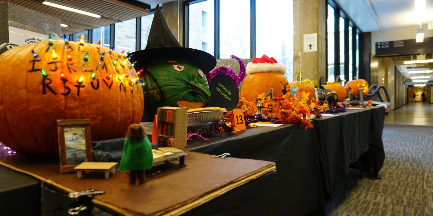 The entries in last year's pumpkin carving contest on display in the Engineering Center lobby