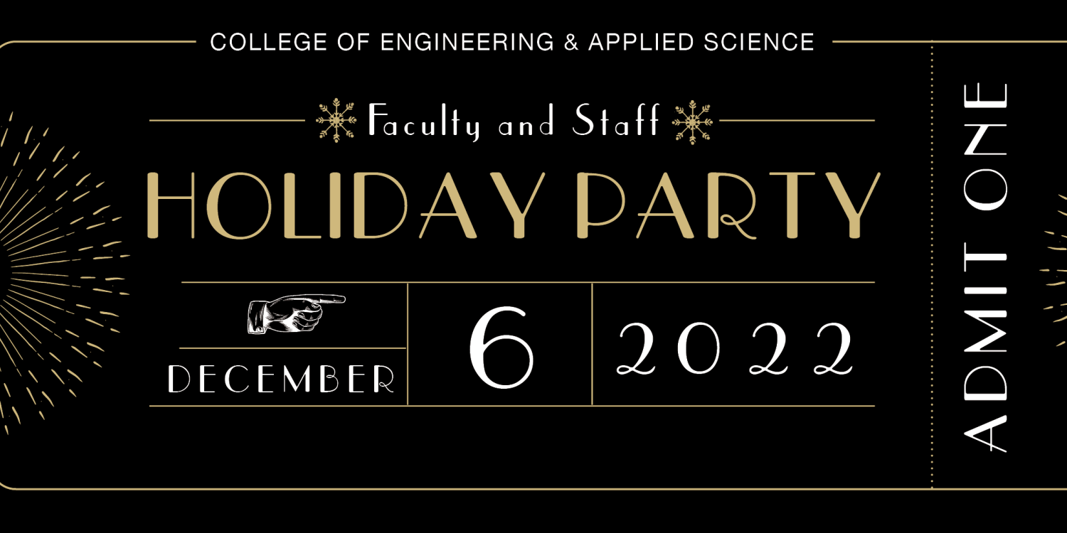 A art deco-inspired black and gold graphic, with the holiday party details