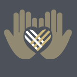 A grey and gold illustration of two hands holding a heart